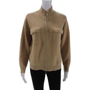 Designer Unisex Beige Wool Mock Neck Full Zip Sweater Size M